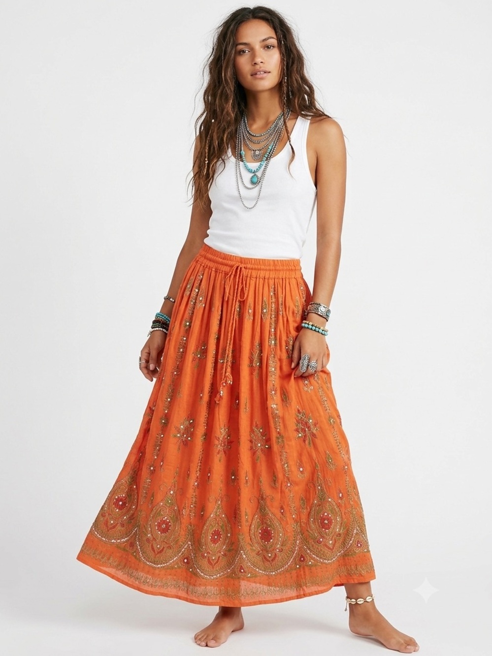 Gypsy Boho Embellished Orange Maxi Skirt